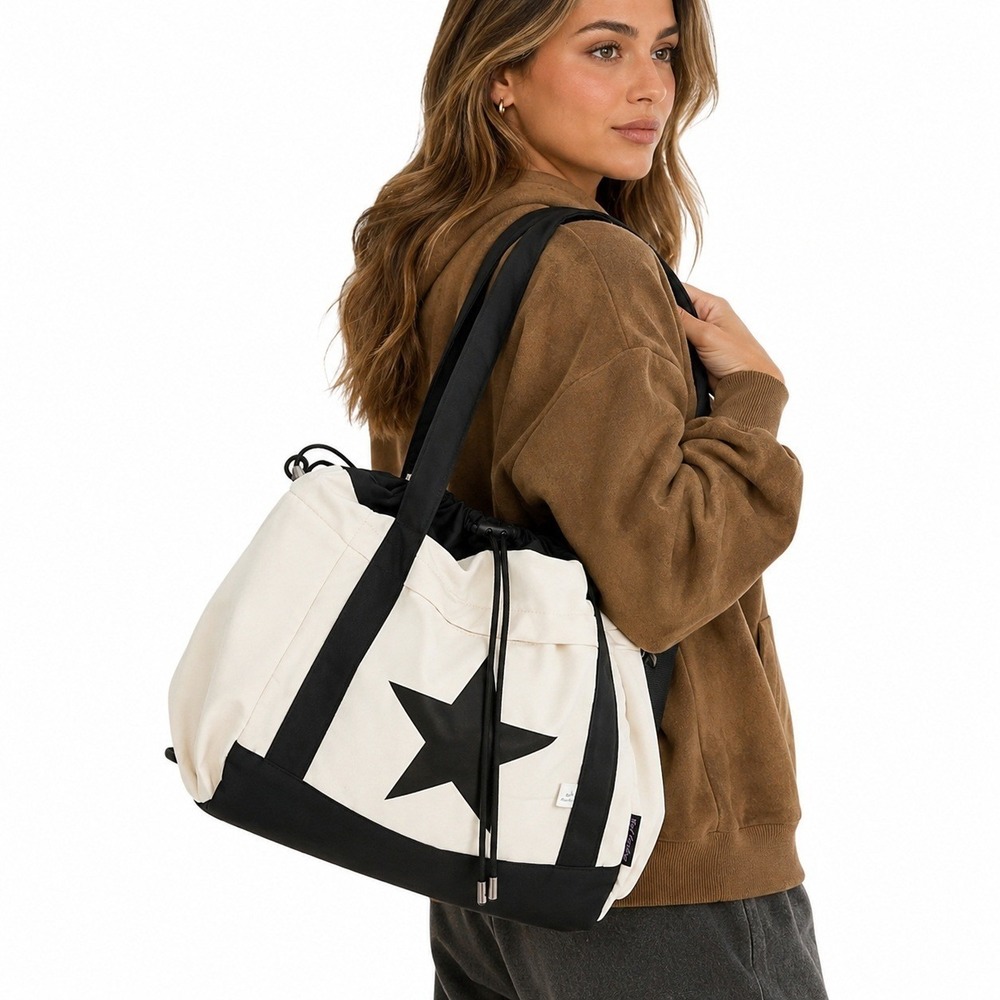 Star Graphic Nylon Drawstring Bucket Bag Cream Black Crossbody Hobo Tote